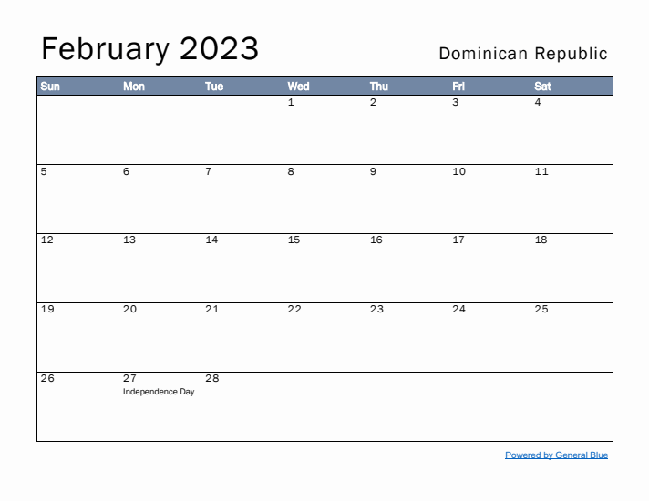 February 2023 Simple Monthly Calendar for Dominican Republic