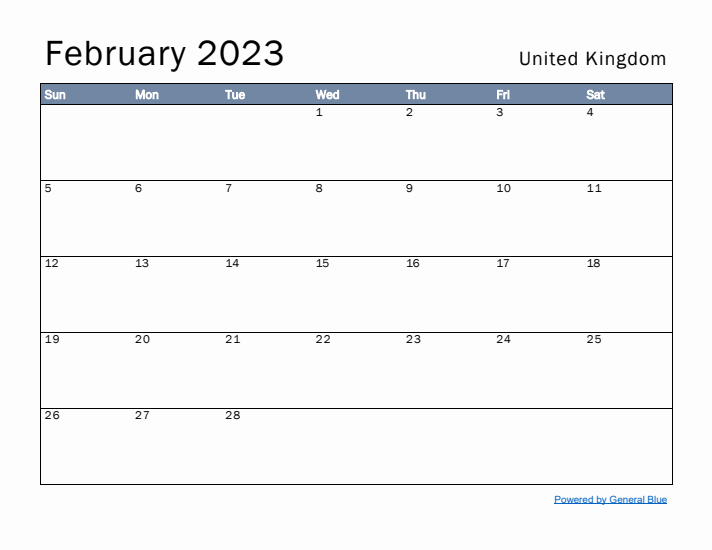 February 2023 Simple Monthly Calendar for United Kingdom