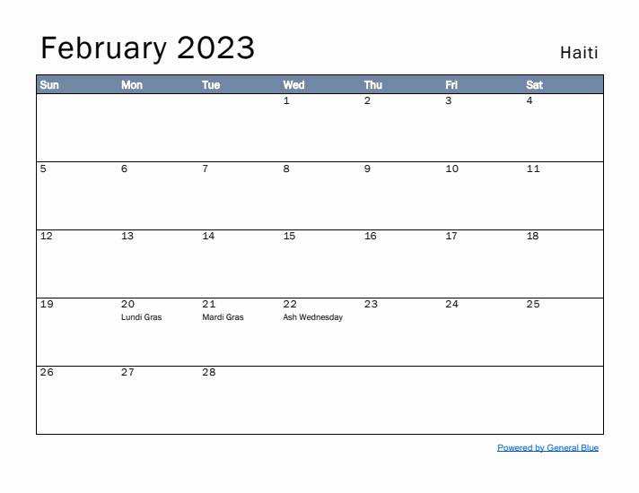 February 2023 Simple Monthly Calendar for Haiti