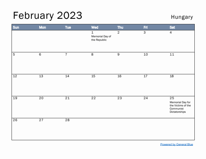 February 2023 Simple Monthly Calendar for Hungary