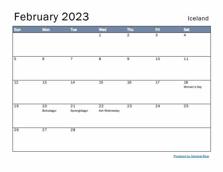 February 2023 Simple Monthly Calendar for Iceland