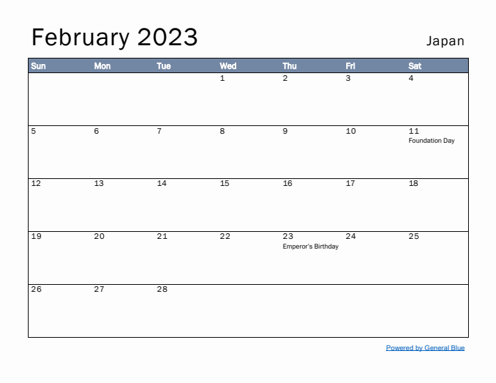 February 2023 Simple Monthly Calendar for Japan