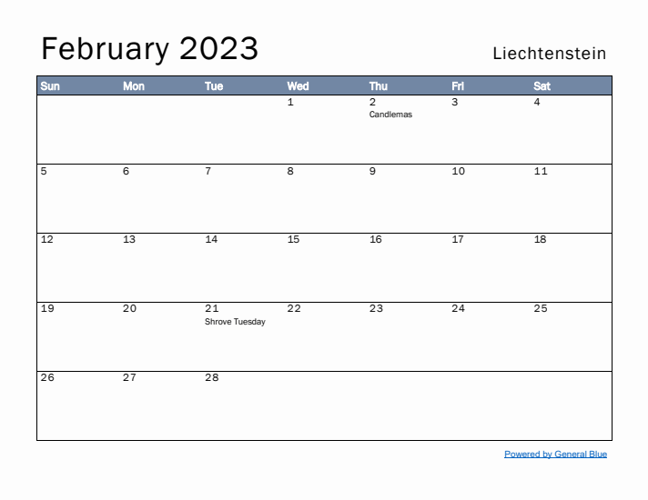 February 2023 Simple Monthly Calendar for Liechtenstein