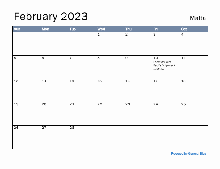 February 2023 Simple Monthly Calendar for Malta