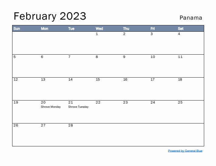 February 2023 Simple Monthly Calendar for Panama