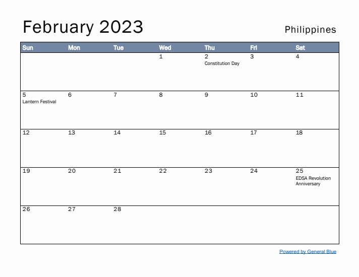 February 2023 Simple Monthly Calendar for Philippines