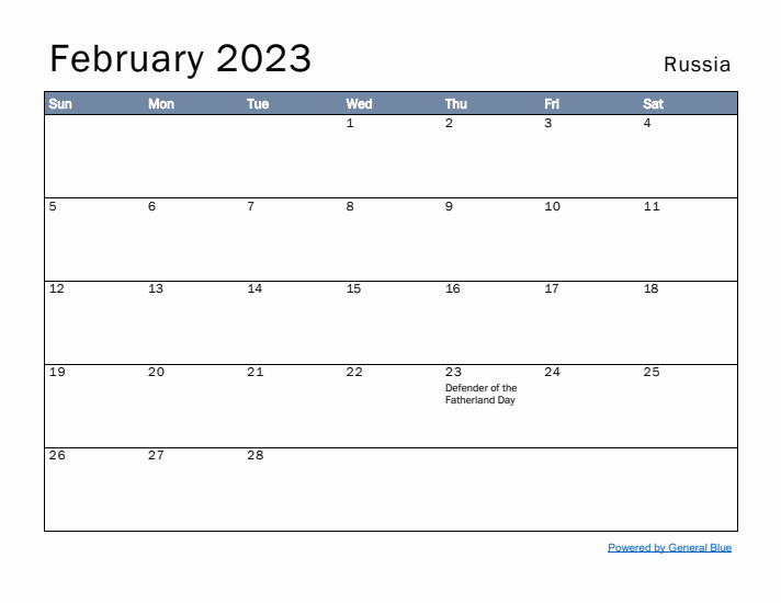 February 2023 Simple Monthly Calendar for Russia