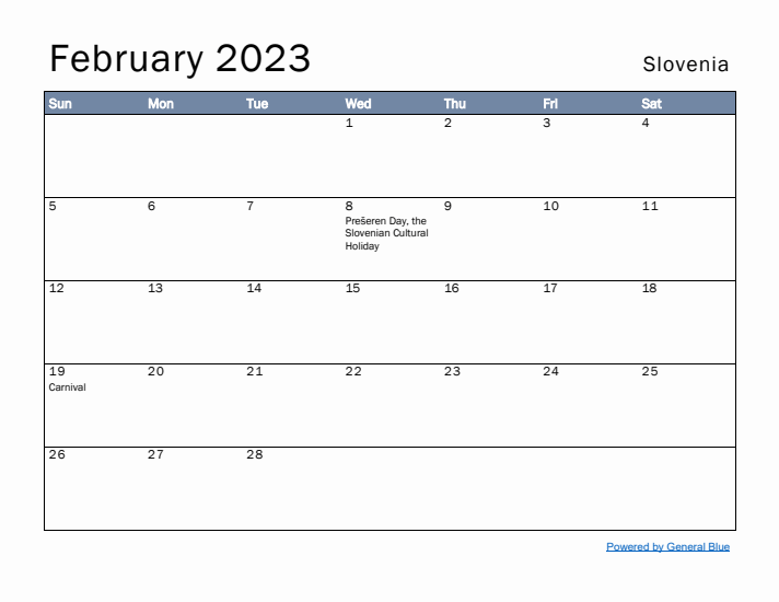 February 2023 Simple Monthly Calendar for Slovenia