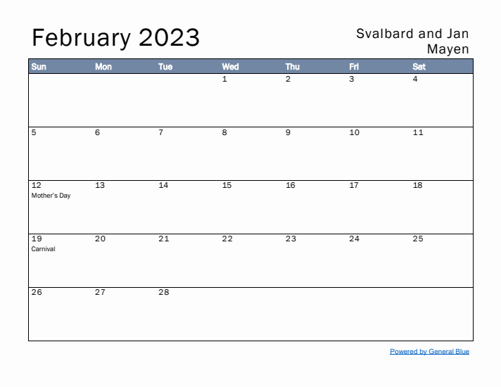 February 2023 Simple Monthly Calendar for Svalbard and Jan Mayen