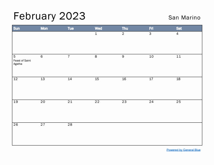 February 2023 Simple Monthly Calendar for San Marino