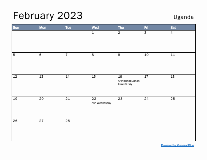 February 2023 Simple Monthly Calendar for Uganda