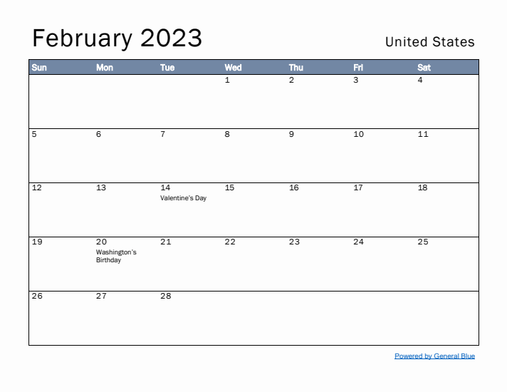 February 2023 Simple Monthly Calendar for United States