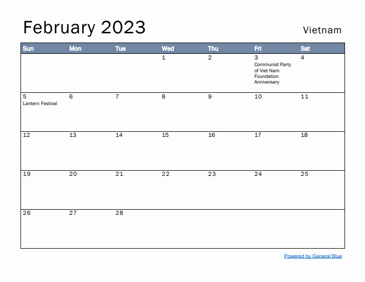 February 2023 Simple Monthly Calendar for Vietnam