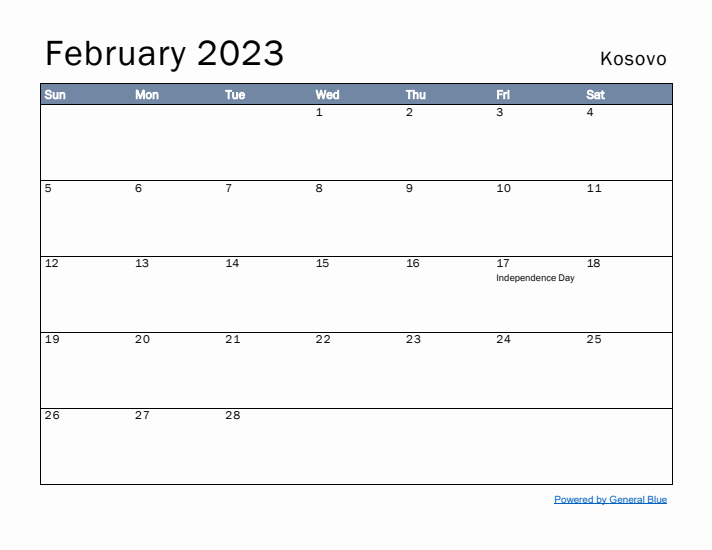 February 2023 Simple Monthly Calendar for Kosovo