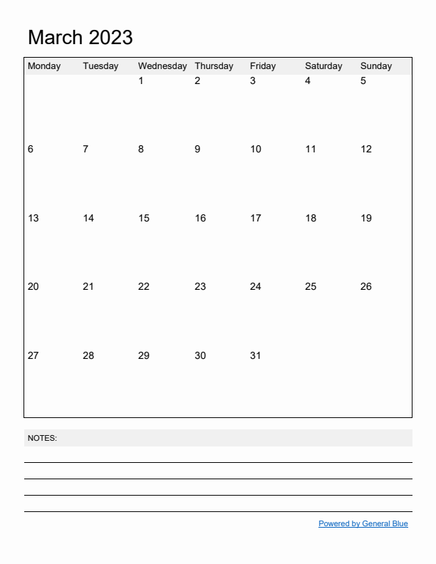 Basic Monthly Calendar Template for March 2023