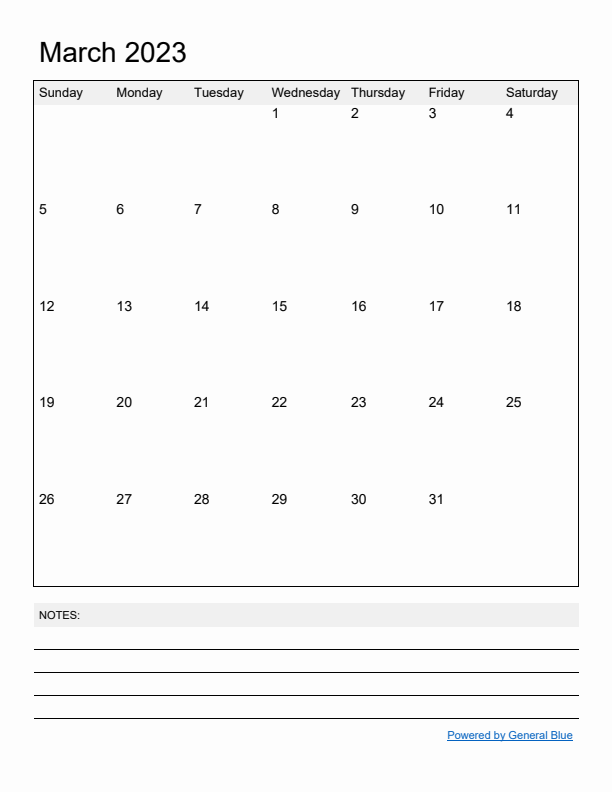 Basic Monthly Calendar Template for March 2023