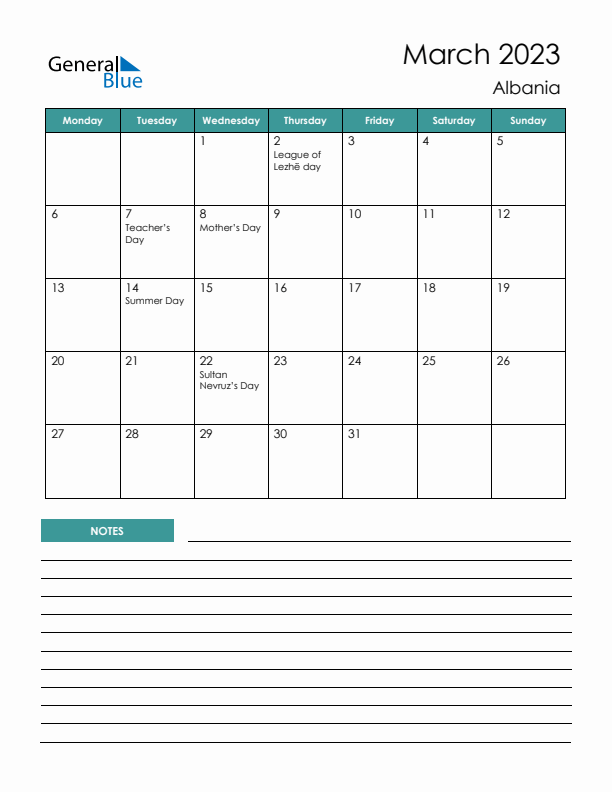 Calendar with Notes Printable - Monday Start