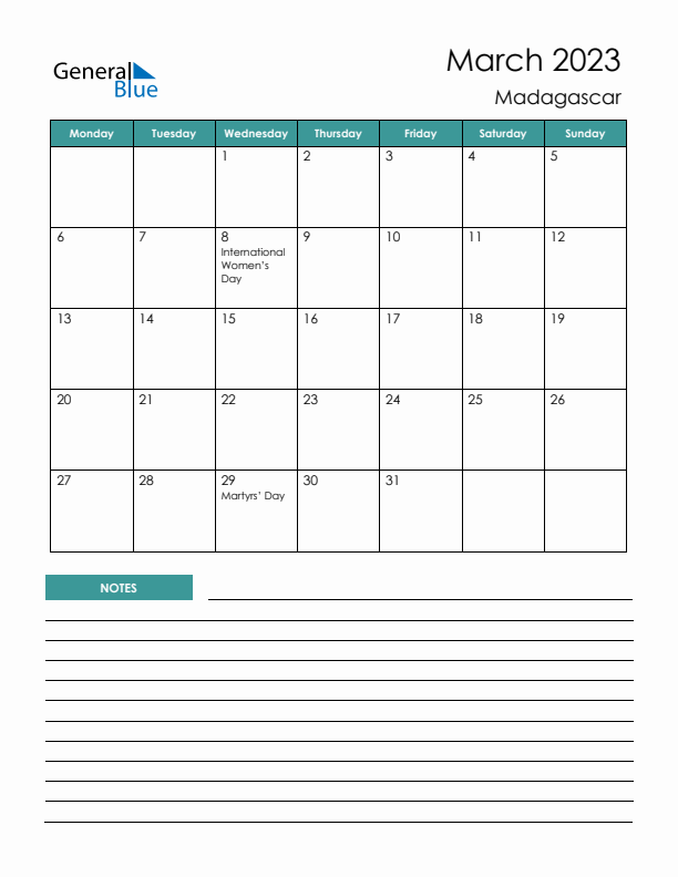 Calendar with Notes Printable - Monday Start