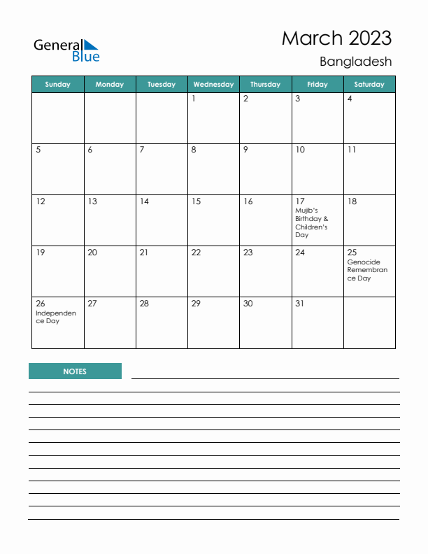 Calendar with Notes Printable - Sunday Start