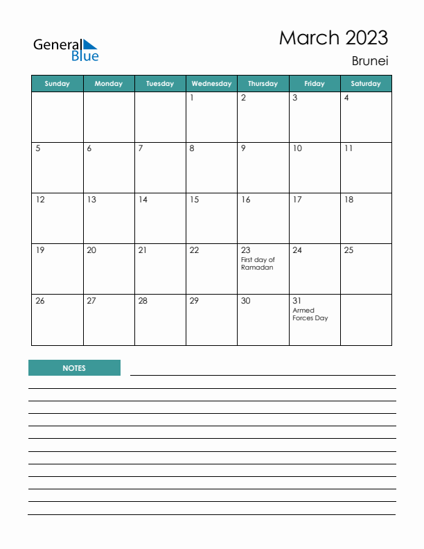 Calendar with Notes Printable - Sunday Start