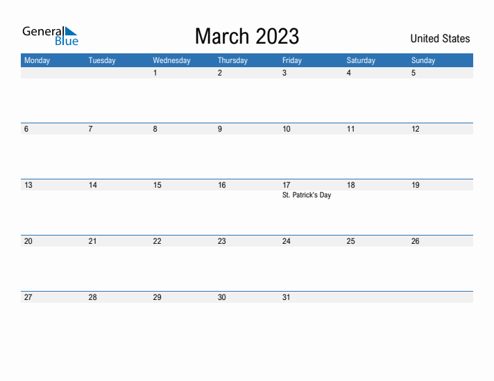 Fillable March 2023 Calendar