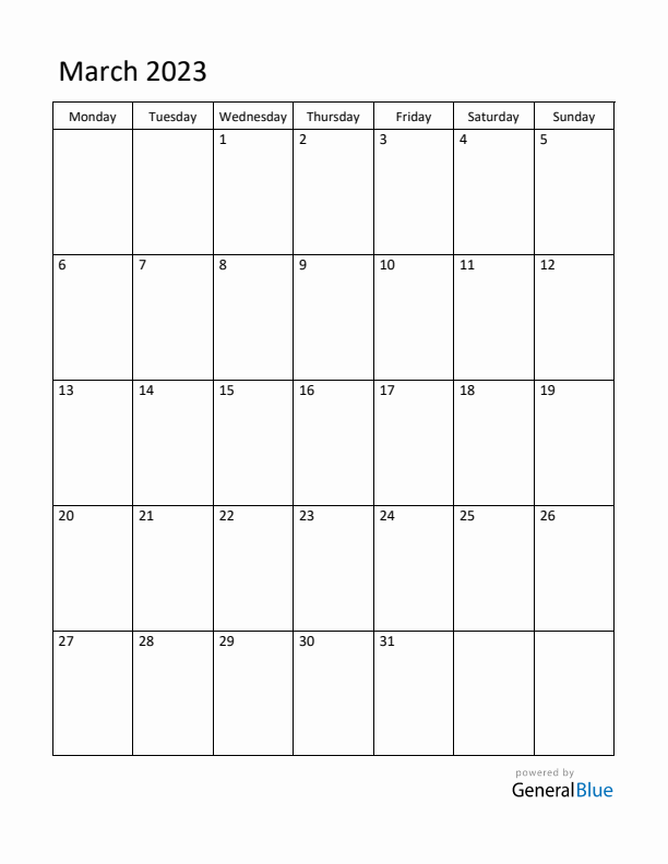 Monday Start Calendar for March 2023