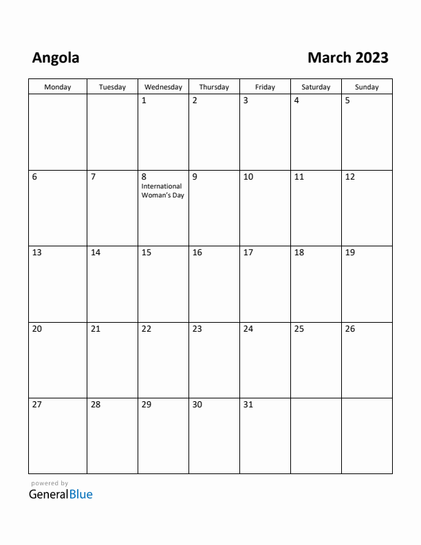 March 2023 Calendar with Angola Holidays