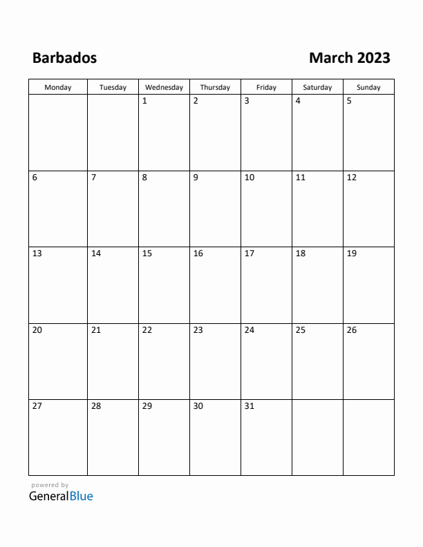 March 2023 Calendar with Barbados Holidays