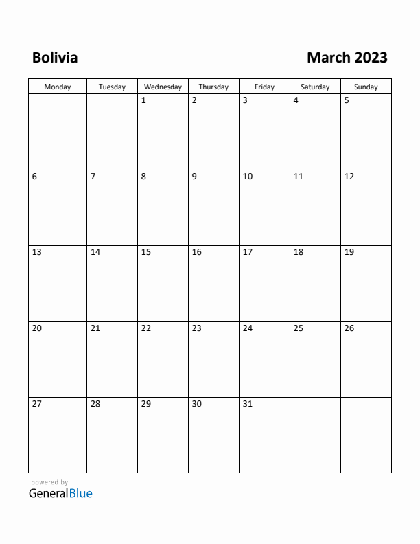 March 2023 Calendar with Bolivia Holidays