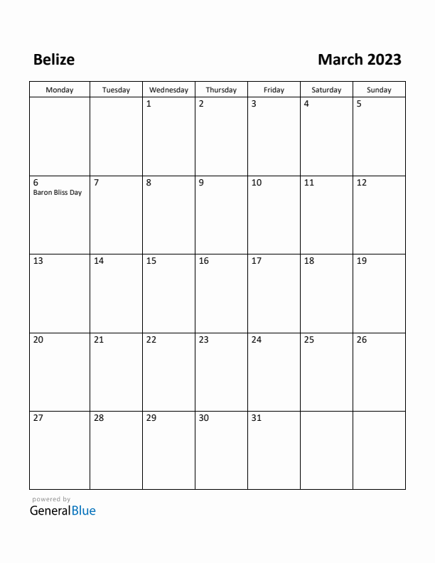 March 2023 Calendar with Belize Holidays