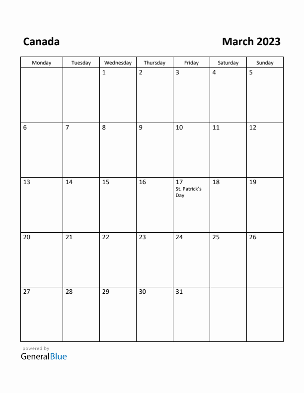 March 2023 Calendar with Canada Holidays