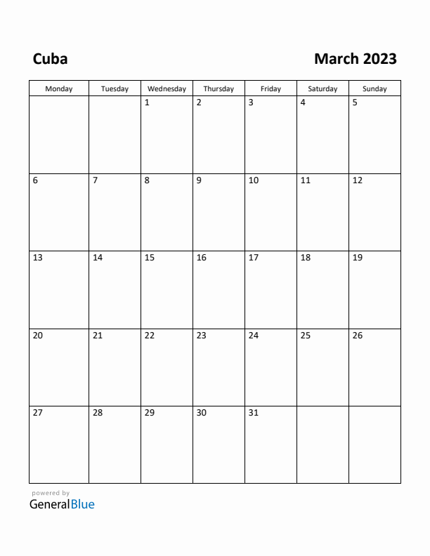 March 2023 Calendar with Cuba Holidays