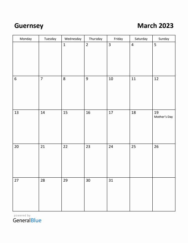 March 2023 Calendar with Guernsey Holidays