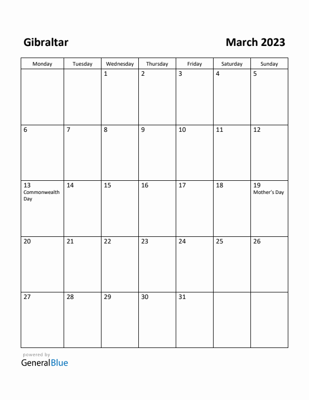 March 2023 Calendar with Gibraltar Holidays