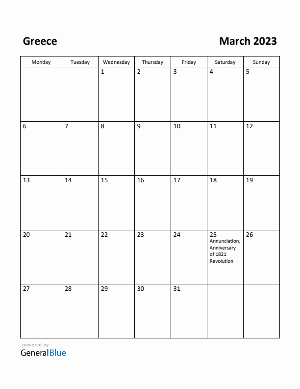 March 2023 Calendar with Greece Holidays