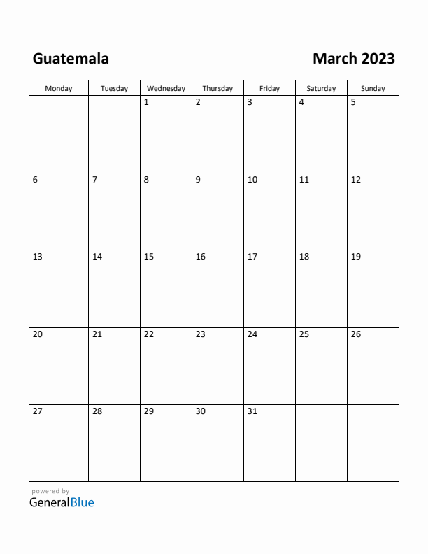 March 2023 Calendar with Guatemala Holidays