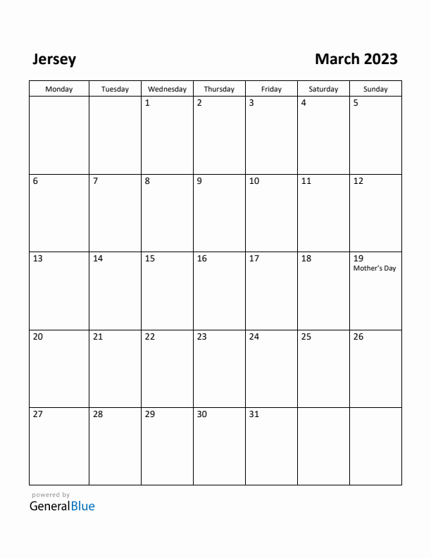 March 2023 Calendar with Jersey Holidays