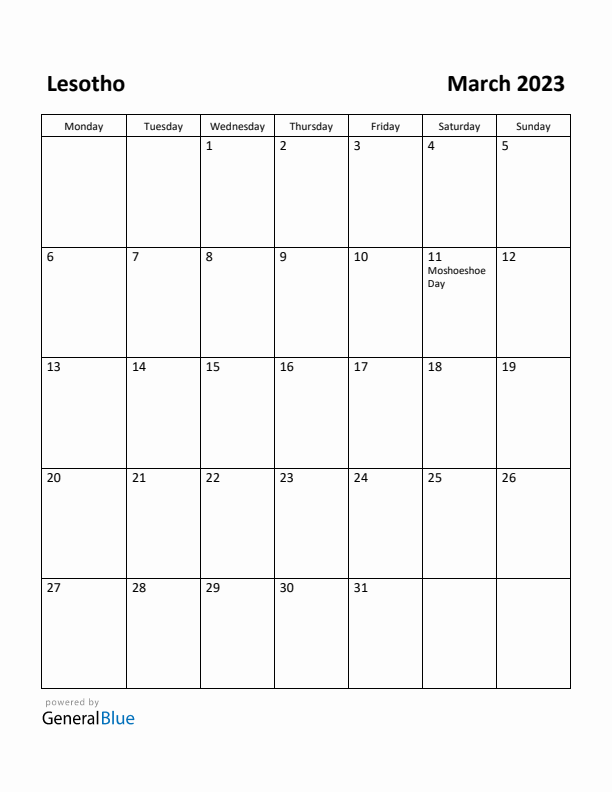 March 2023 Calendar with Lesotho Holidays