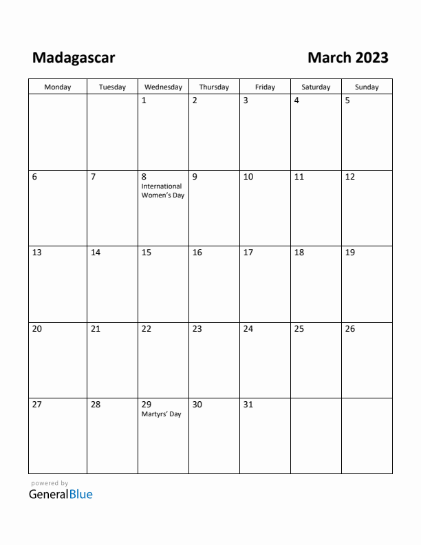 March 2023 Calendar with Madagascar Holidays