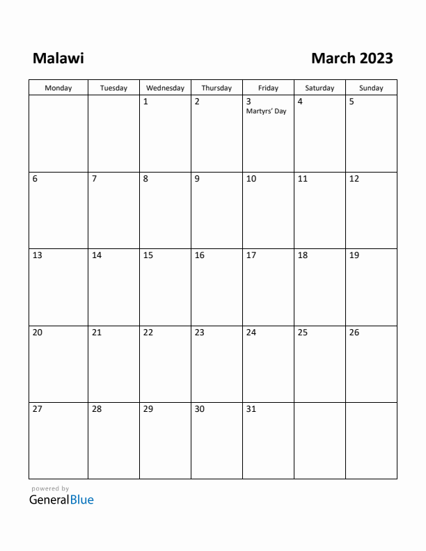 March 2023 Calendar with Malawi Holidays