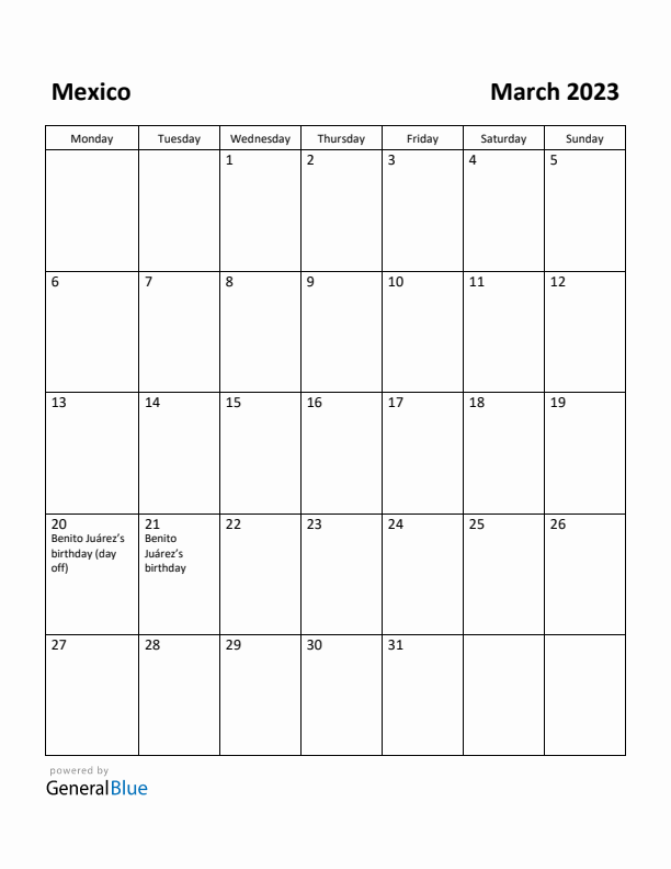 March 2023 Calendar with Mexico Holidays