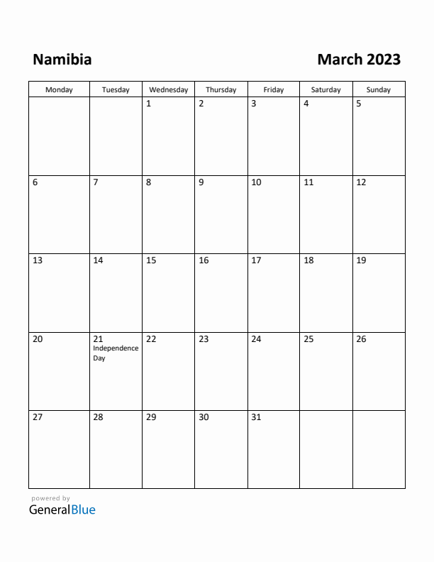 March 2023 Calendar with Namibia Holidays