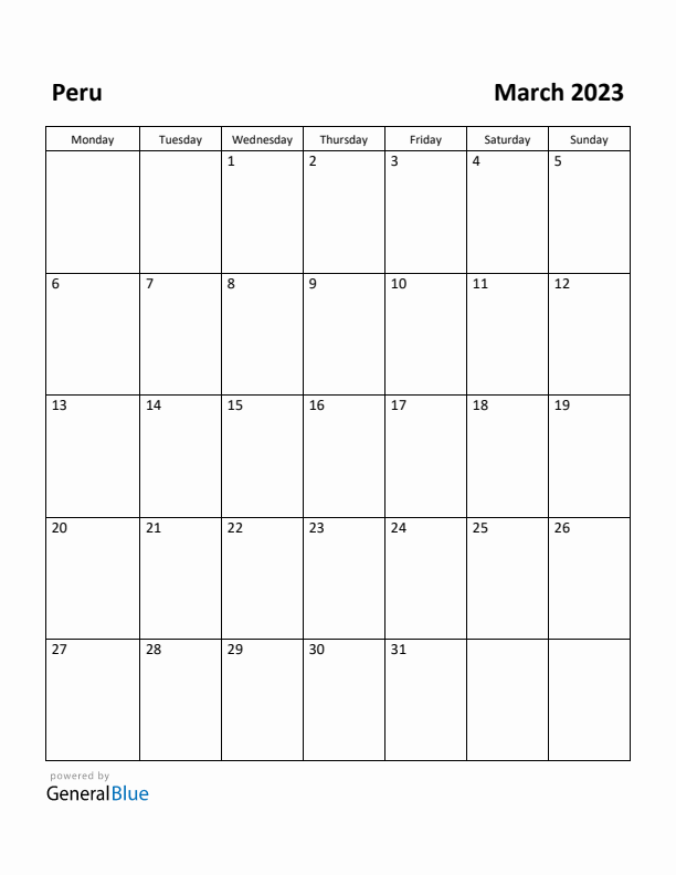 March 2023 Calendar with Peru Holidays