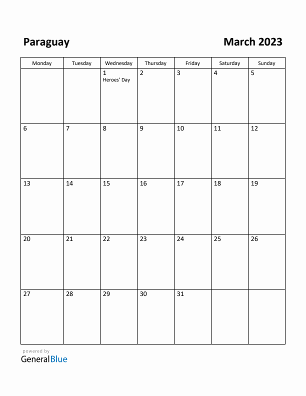 March 2023 Calendar with Paraguay Holidays