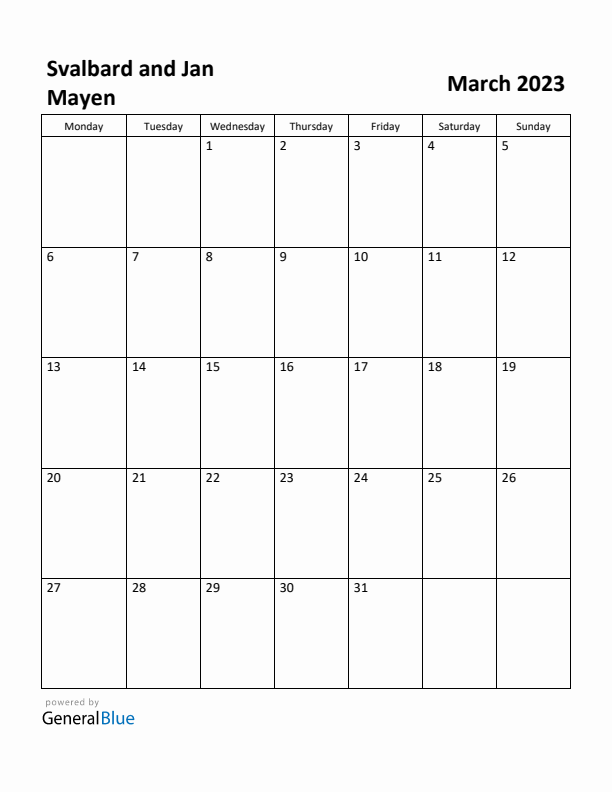 March 2023 Calendar with Svalbard and Jan Mayen Holidays