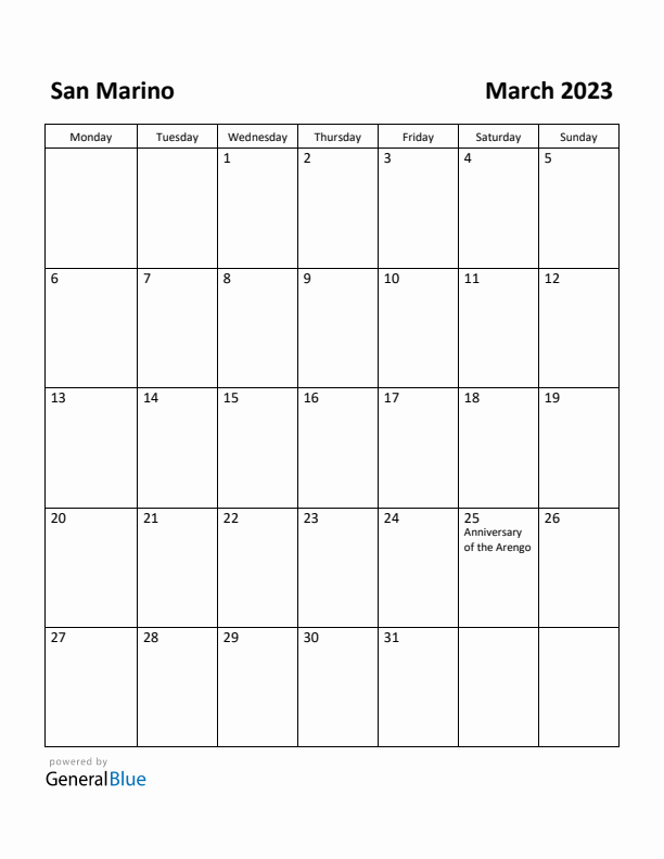 March 2023 Calendar with San Marino Holidays