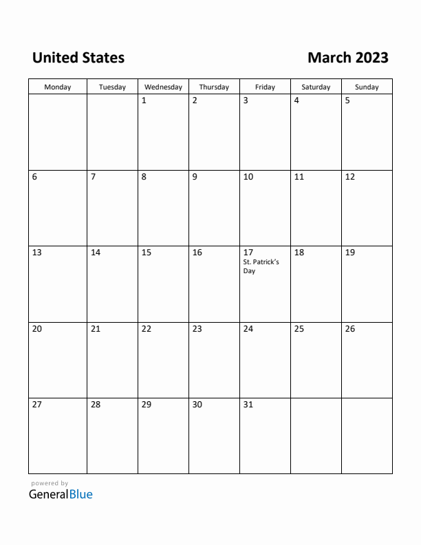 March 2023 Calendar with United States Holidays