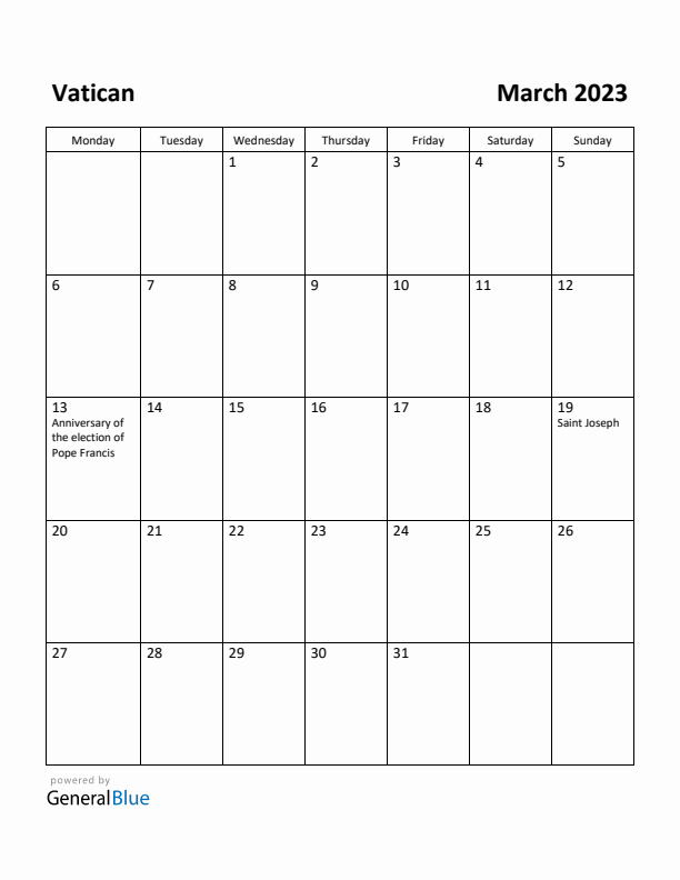 March 2023 Calendar with Vatican Holidays