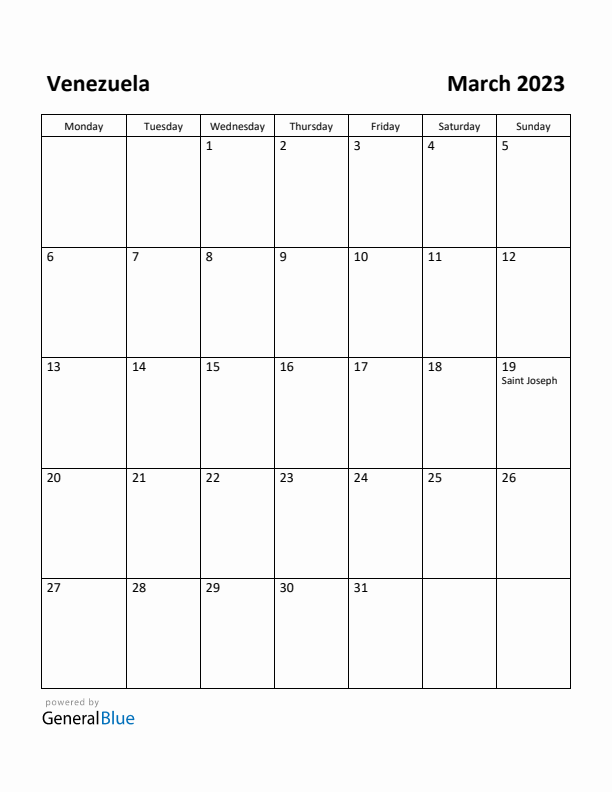 March 2023 Calendar with Venezuela Holidays