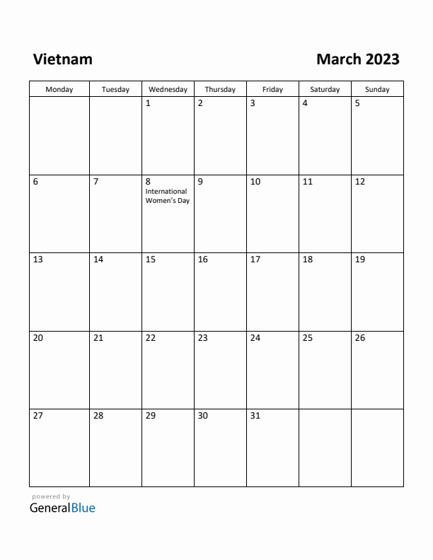 March 2023 Calendar with Vietnam Holidays